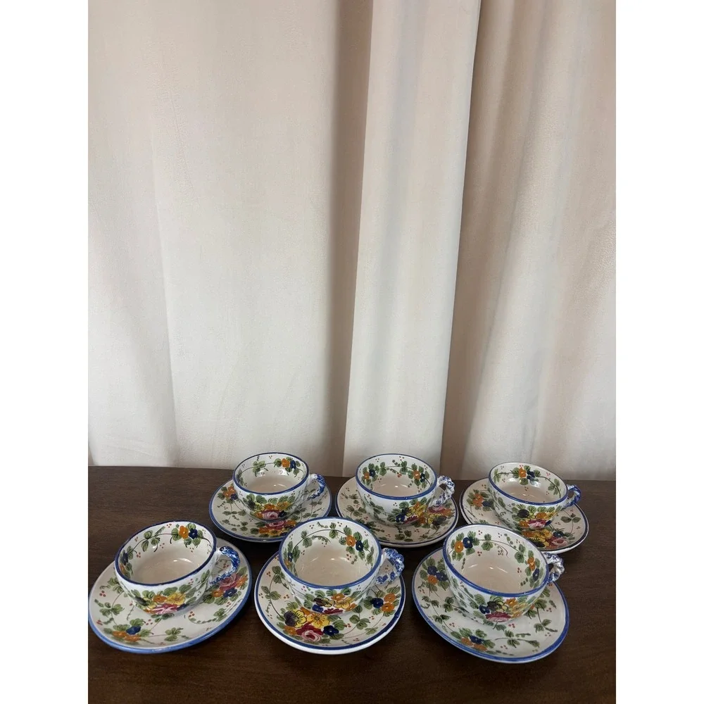 Vintage Majolica Italy Floral Stoneware Teacups and Saucers Set‎ of SIX (6)